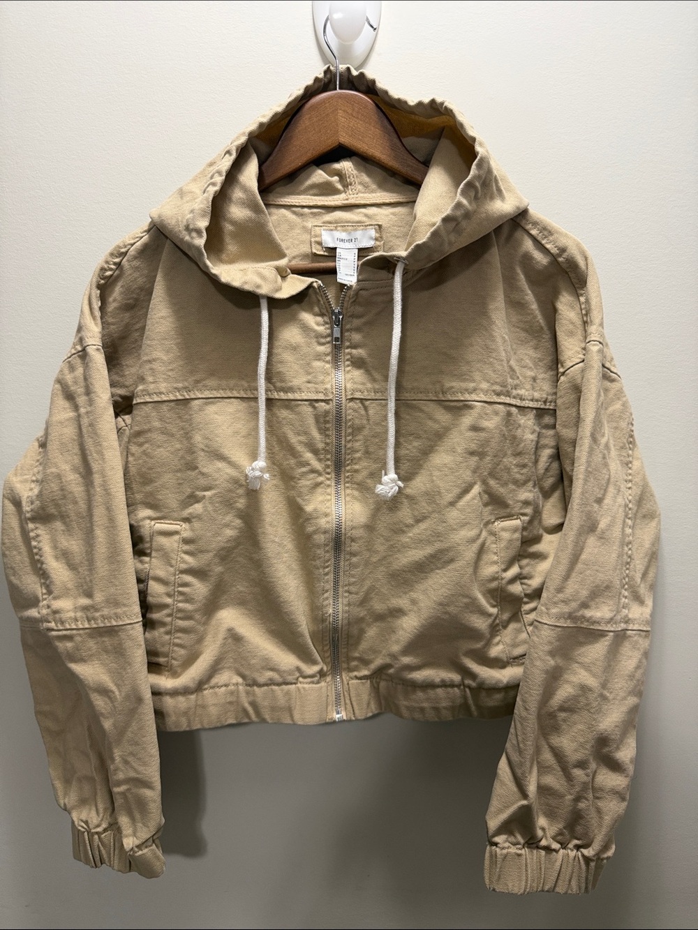 Forever 21 Beige Hooded Zip-Front Jacket - Women Size Small 19x22